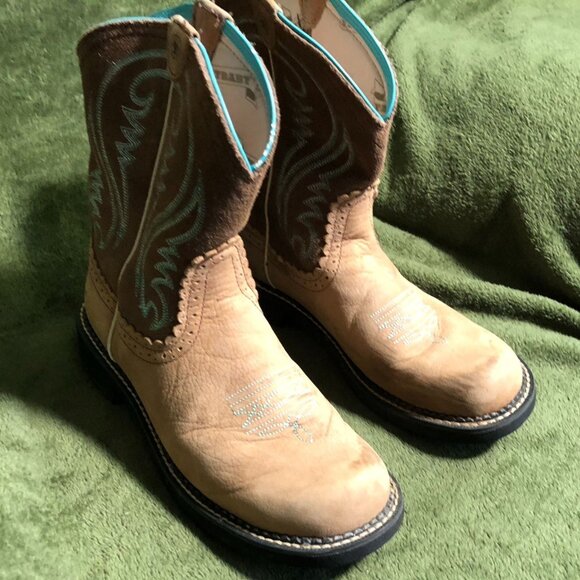 Ariat Womens Fatbaby Heritage Western Cowboy Boots 10B Suede Tan Blue Pull On - Picture 4 of 16